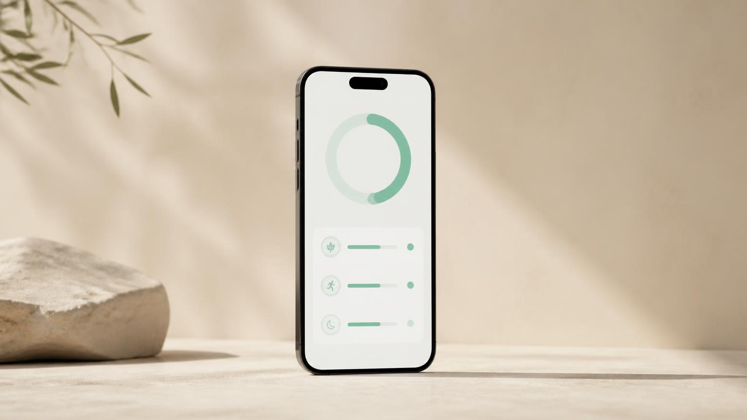 Smartphone showing an abstract routine interface on a sand-coloured surface