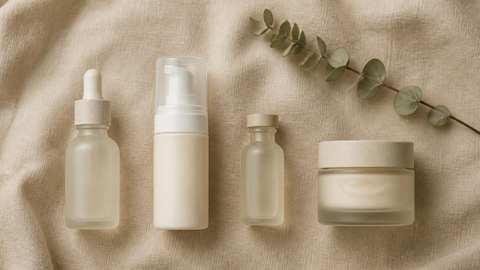 Flat lay of four unbranded skincare containers on sand linen