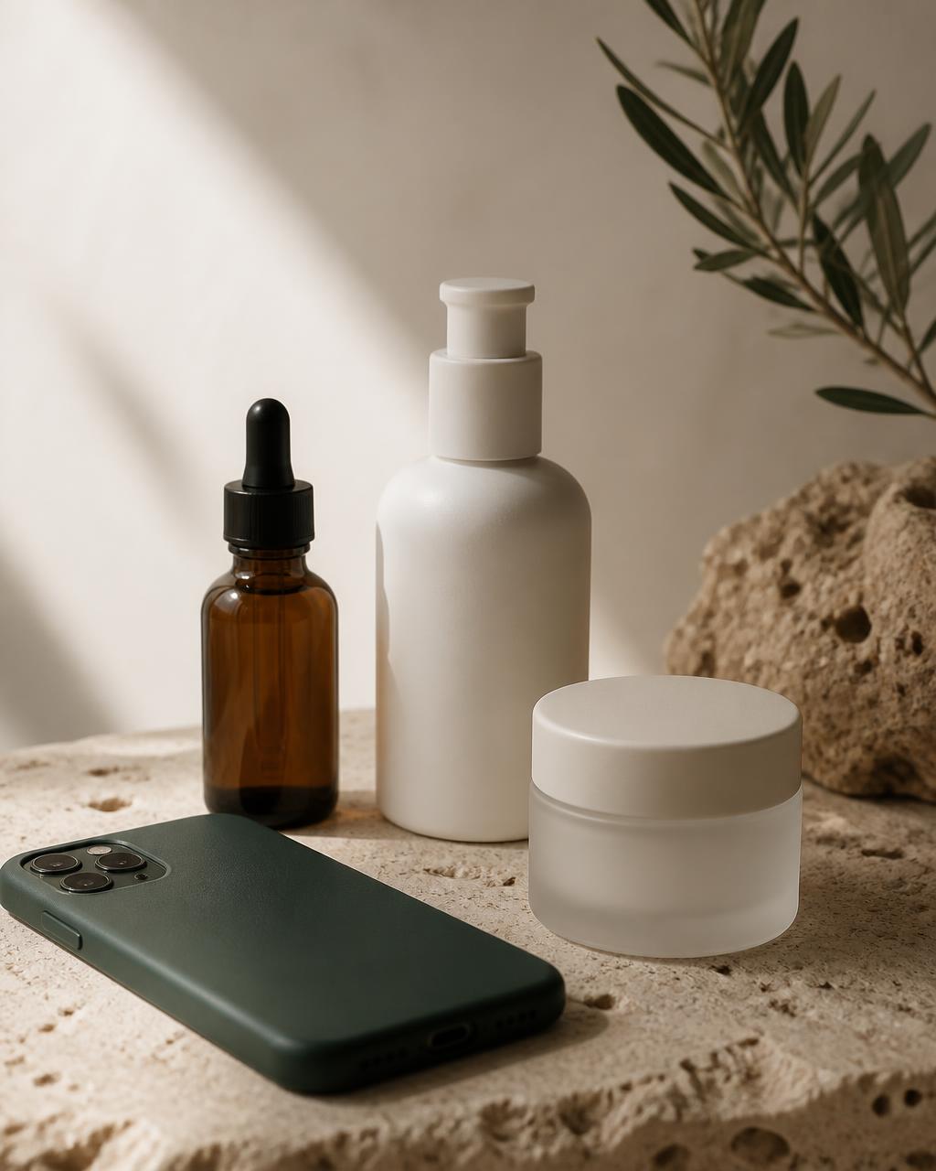 Three unbranded skincare bottles on a travertine surface beside a smartphone