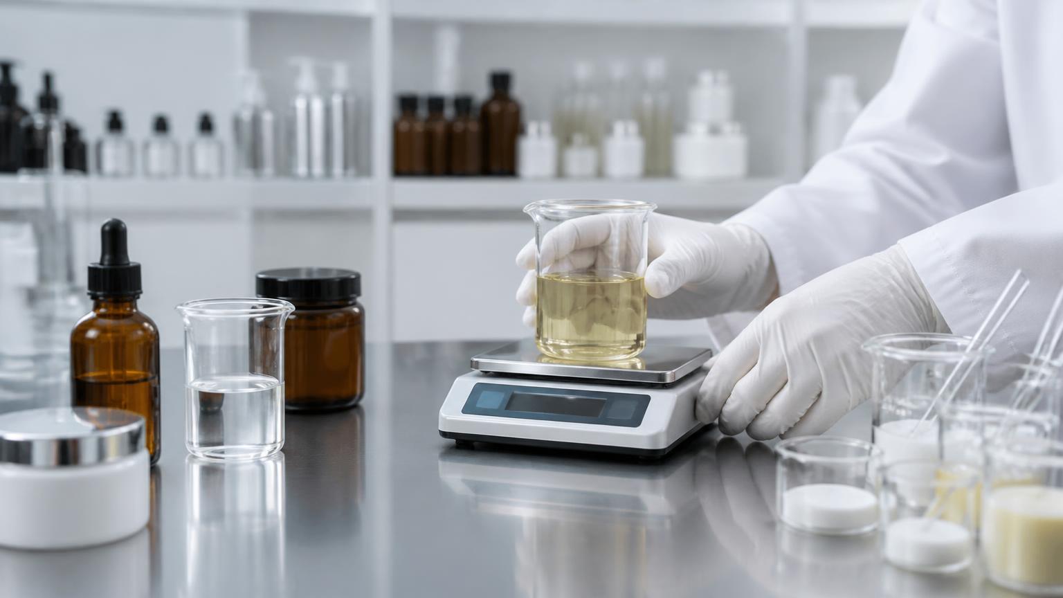 Cosmetics laboratory bench with unlabeled beakers and a digital scale