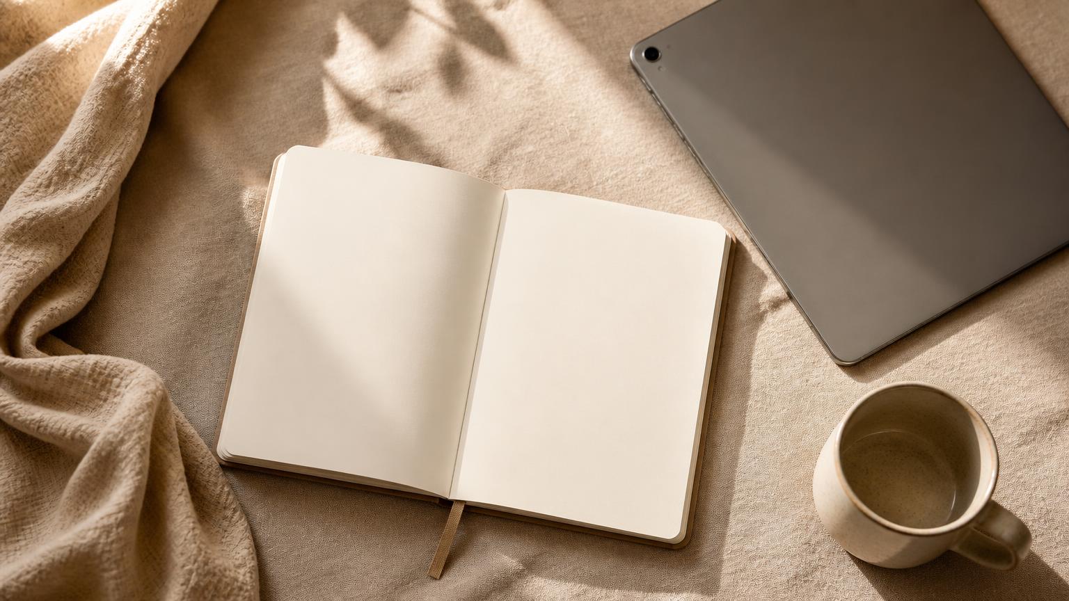Open blank notebook, tablet and ceramic mug on sand linen
