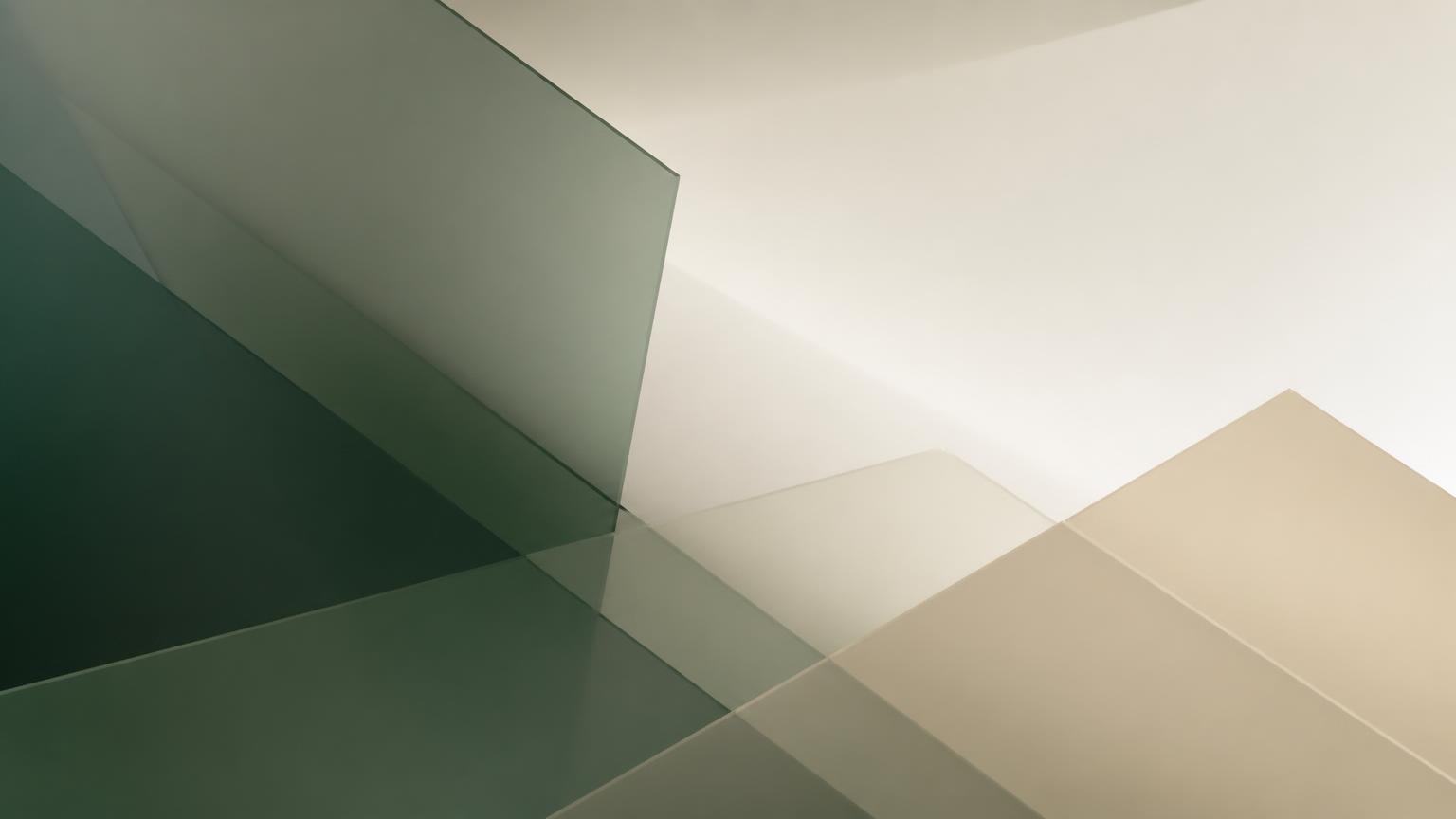 Abstract layered translucent panels in green and sand tones